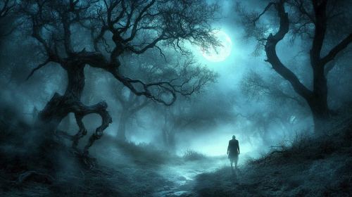 Mysterious Night: Man in Foggy Forest