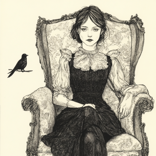 Mysterious Woman in Vintage Chair: An Edward Gorey-Inspired Illustration