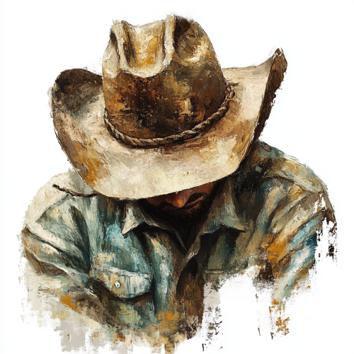 Mysterious cowboy in oil painting style on white background