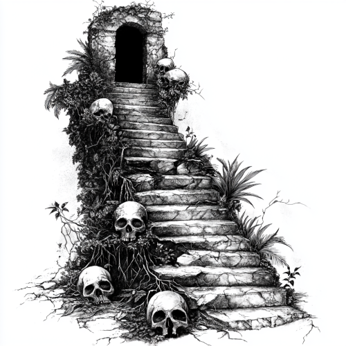 Mysterious door on winding stairs with roots and skulls.