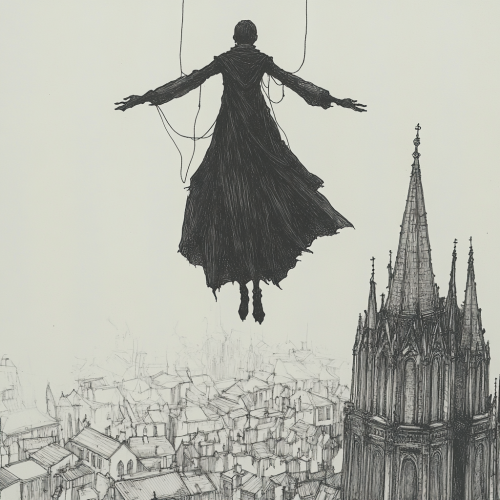 Mysterious figure floating above gothic cityscape