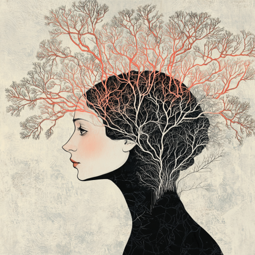 Mysterious figure with web-like headdress in calm setting.