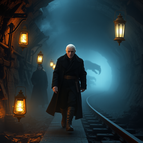 Mysterious grand admiral in steampunk mine at night. Mysterious grand admiral in steampunk mine at night.