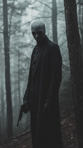 Mysterious men in black with no face in forest