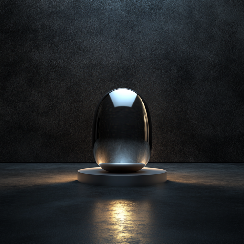 Mysterious metallic object on sleek pedestal in dim room