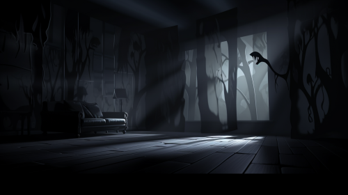 Mysterious room with looming shadows and eerie lighting.