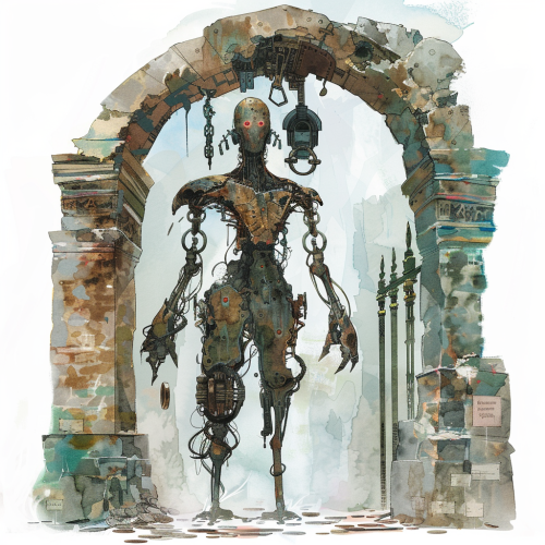 Mysterious toll guardian formed from iron and stone.