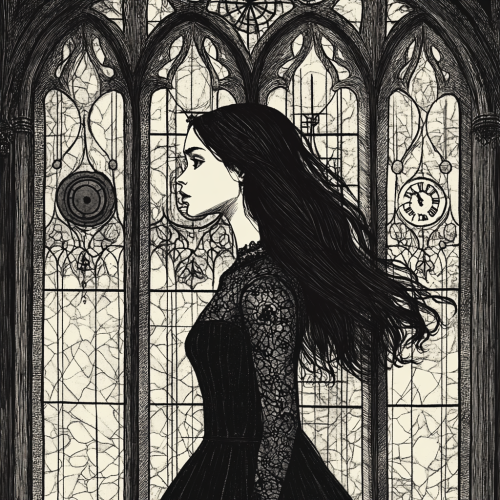Mysterious woman stands by grand gothic window art. Mysterious woman stands by grand gothic window art.