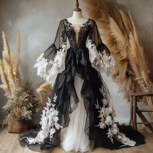 Mystical Black Gown with White Lace Appliqués