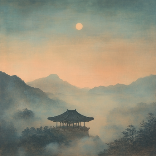 Mystical East Asian Night Scene in Pastel Hues