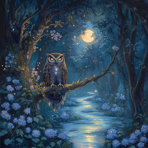 Mystical Glowing Owl in Bioluminescent Twilight Forest
