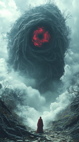 Mystical figure faces menacing colossal eye in darkness