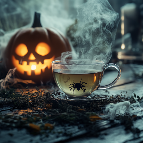 Mystical herbal tea on dark table, Halloween ambiance