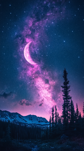 Mystical night sky with pink nebulae and crescent moon