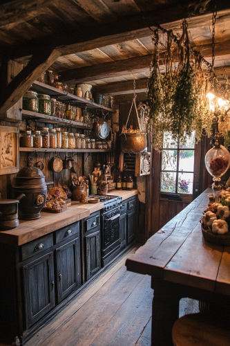 Mystical vintage kitchen with alchemy theme, organized clutter.