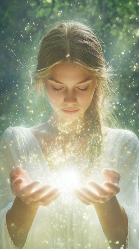 Mystical woman with shimmering light in magical moment