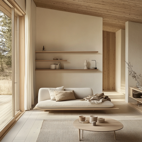 Natural materials, light wood, neutral tones, warmth, openness.