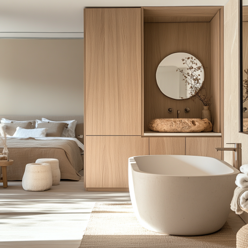 Natural materials create bright, airy feel in master suite.