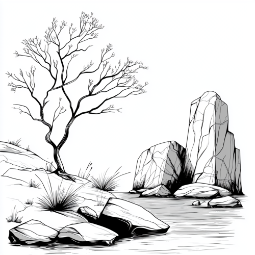 Nature coloring book: river rocks and tree