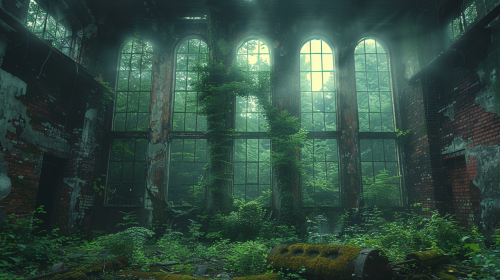 Nature reclaiming old factory, rusted metal beams, misty.