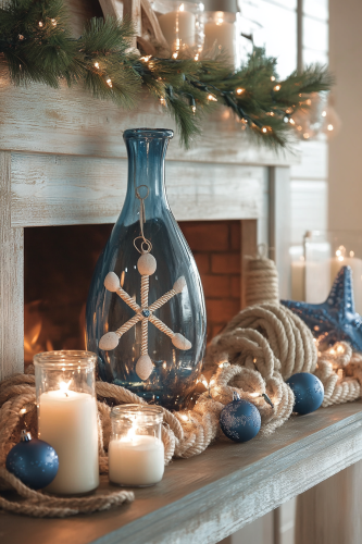 Nautical Christmas Fireplace Decor with Sea-themed Ornaments