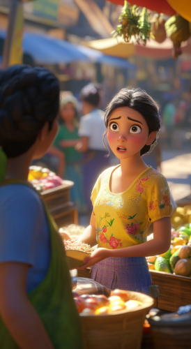 Nearby vendors amazed by Lily's impressive approach and expressions.