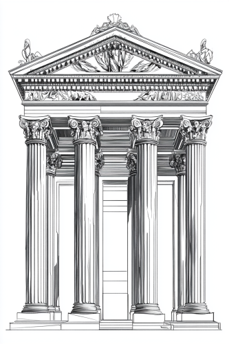 Neoclassical building with columns in black and white.