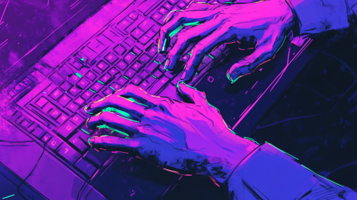 Neon Hands Typing in Cyber Punk Office