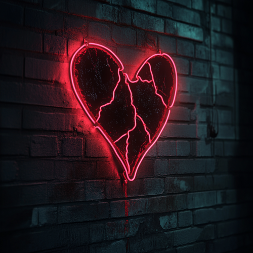 Neon Signs of Broken Hearts on Dark Wall