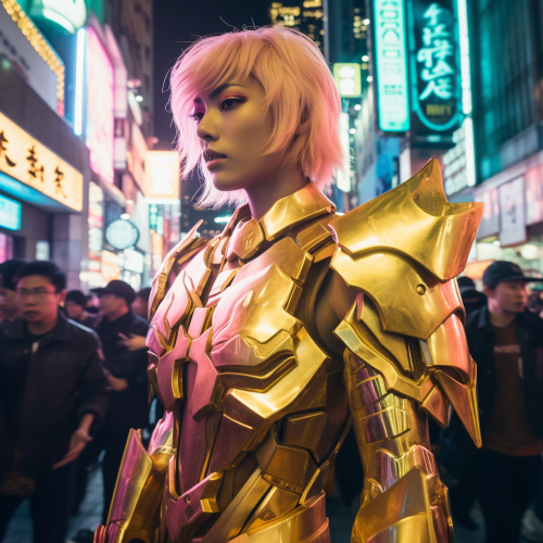 Neon Tokyo Fashion Show with Giant Mecha Warrior