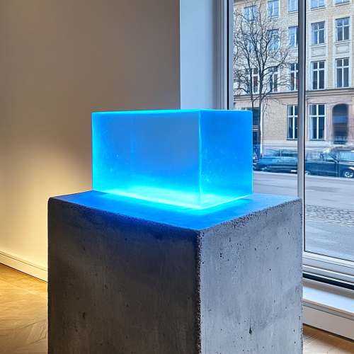 Neon blue box on concrete pedestal in Copenhagen gallery.