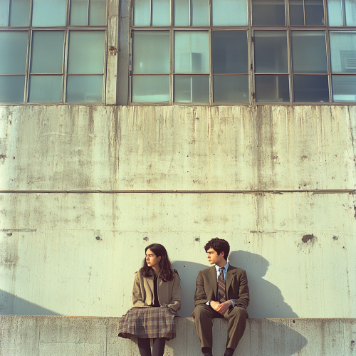 Nerdy teens in blazer sit on concrete wall.