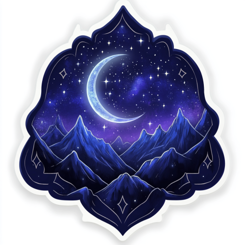 Night Court sticker design with moon, stars, mountains, wings. Night Court sticker design with moon, stars, mountains, wings.