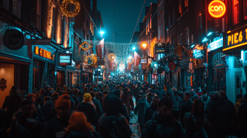 Night crowd in Dublin, wide shot, hyper-realistic photography