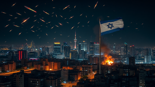 Night in Tel Aviv with Iranian missile attack.