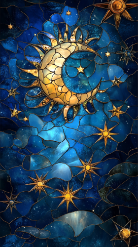 Night sky stained glass style with bold lines, shine. Night sky stained glass style with bold lines, shine.