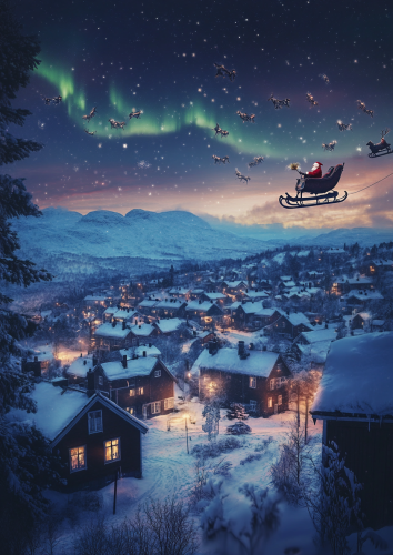 Nighttime Christmas scene in Norway with Santa flying