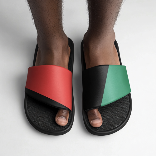 Nike-inspired sandals with flag design, bold colors, thick straps. Nike-inspired sandals with flag design, bold colors, thick straps.