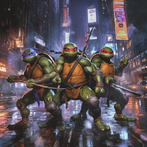 Ninja Turtles and Master Splinter ready for battle.