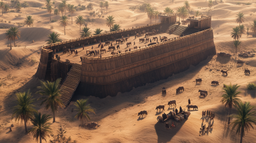 Noah's family and animals boarding giant desert ark