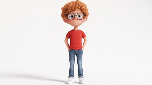 Noah, 10, with curly hair, blue eyes, confident pose, 3D render.