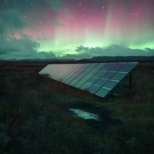 Northern Lights reflecting on solar panel in field