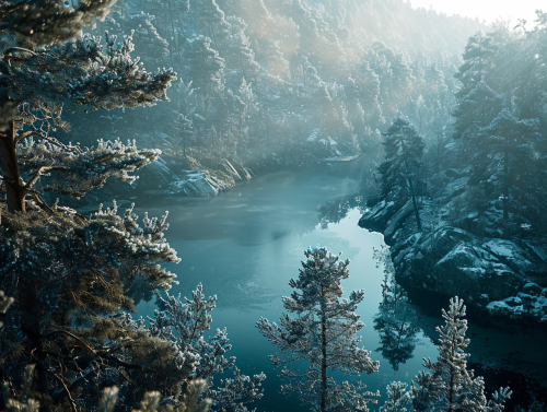 Norwegian Forest by Lake: Winter Morning Beauty