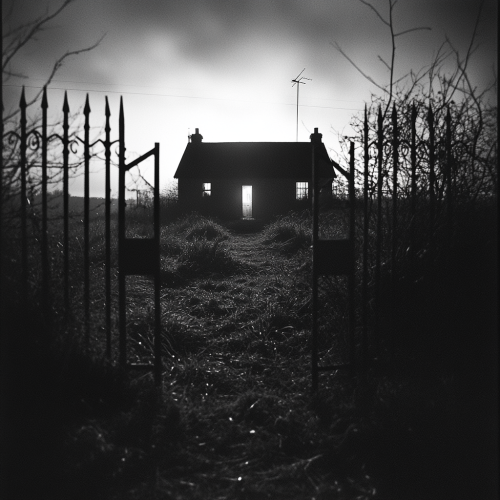 Nostalgic black and white photo of old house.