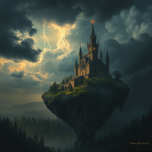 Obscure Castle on Floating Island under Lightning Storm