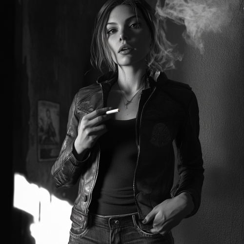 Observant Woman in Leather Jacket and Jeans