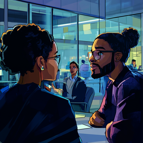 Office coworkers talking in modern blue office room