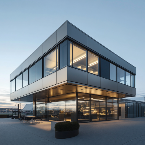 Office in Industrial Hall with Googie Style Facade