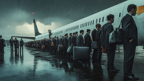 Office workers waiting in line to board airplane