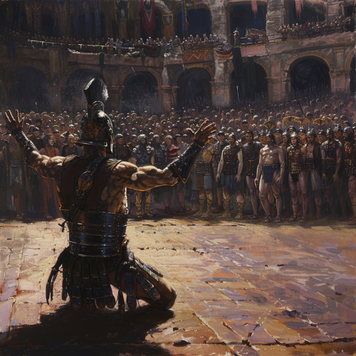 Oil painting of Coliseum crowd deciding fate of gladiator.